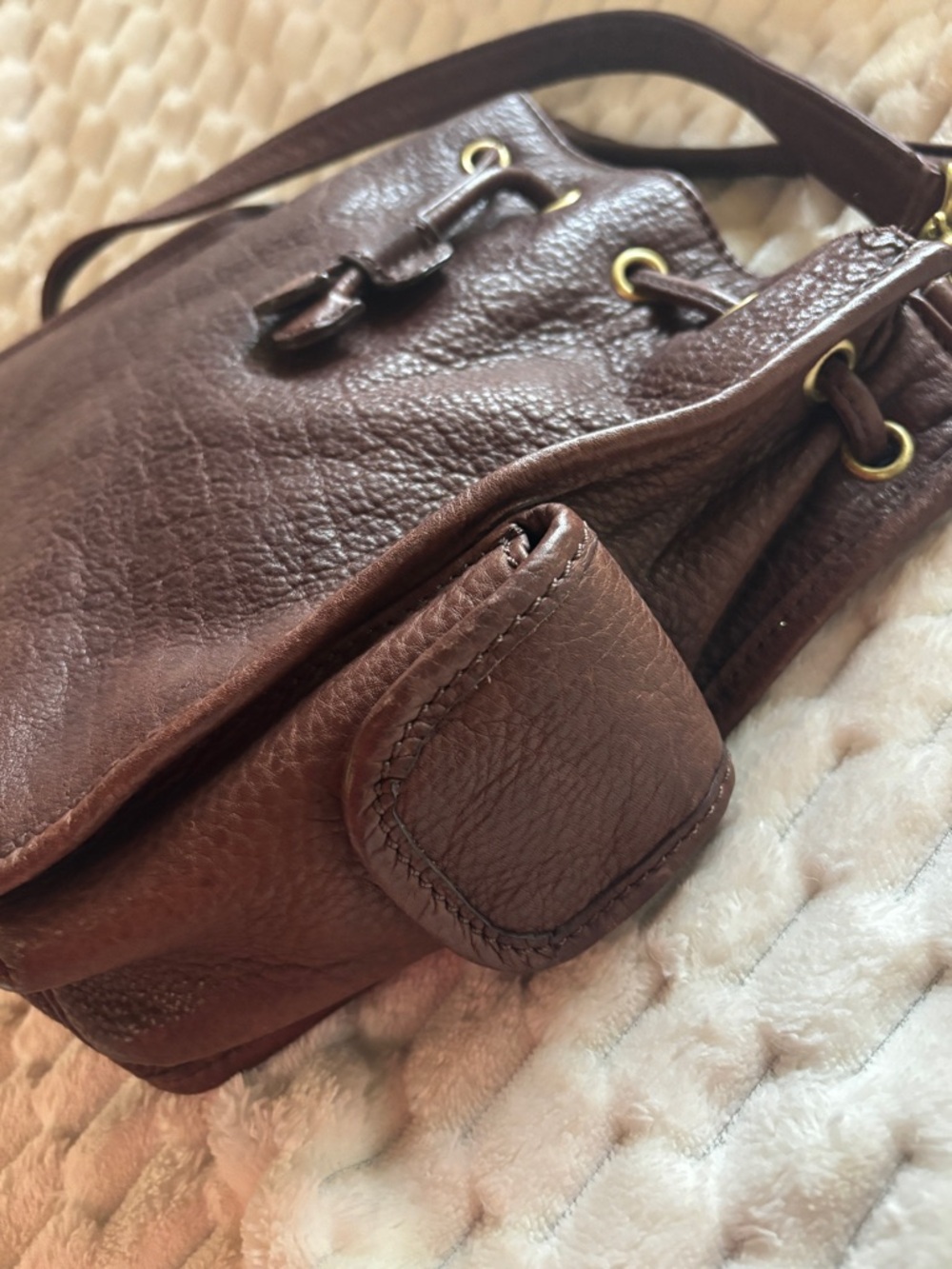 Fossil Brown Pebbled Leather Bucket Bag Drawstring Shoulder Crossbody - Picture 6 of 10